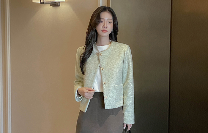 炒冰 圆领 结子花式 粗呢 夹克