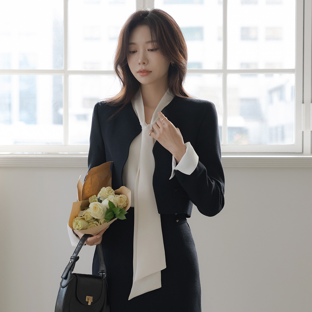 Eli 珍珠 袖 配色 물결 粗呢 Set-up 夹克