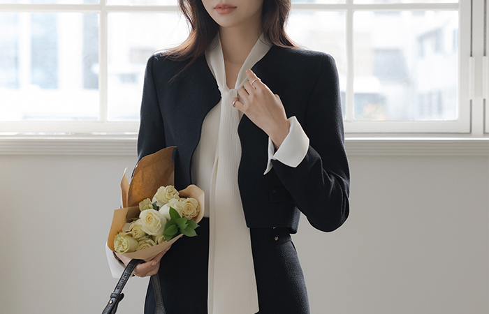 Eli 珍珠 袖 配色 물결 粗呢 Set-up 夹克