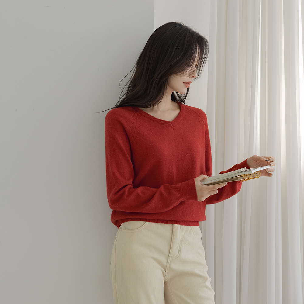 V字领 细纹 羔羊毛 插肩 针织衫