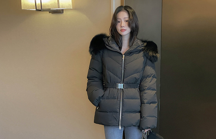 真 狐狸毛 鸭绒 腰带 羽绒服