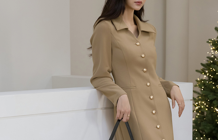 领子 开口领子 黄金 扣子 H字型 连衣裙