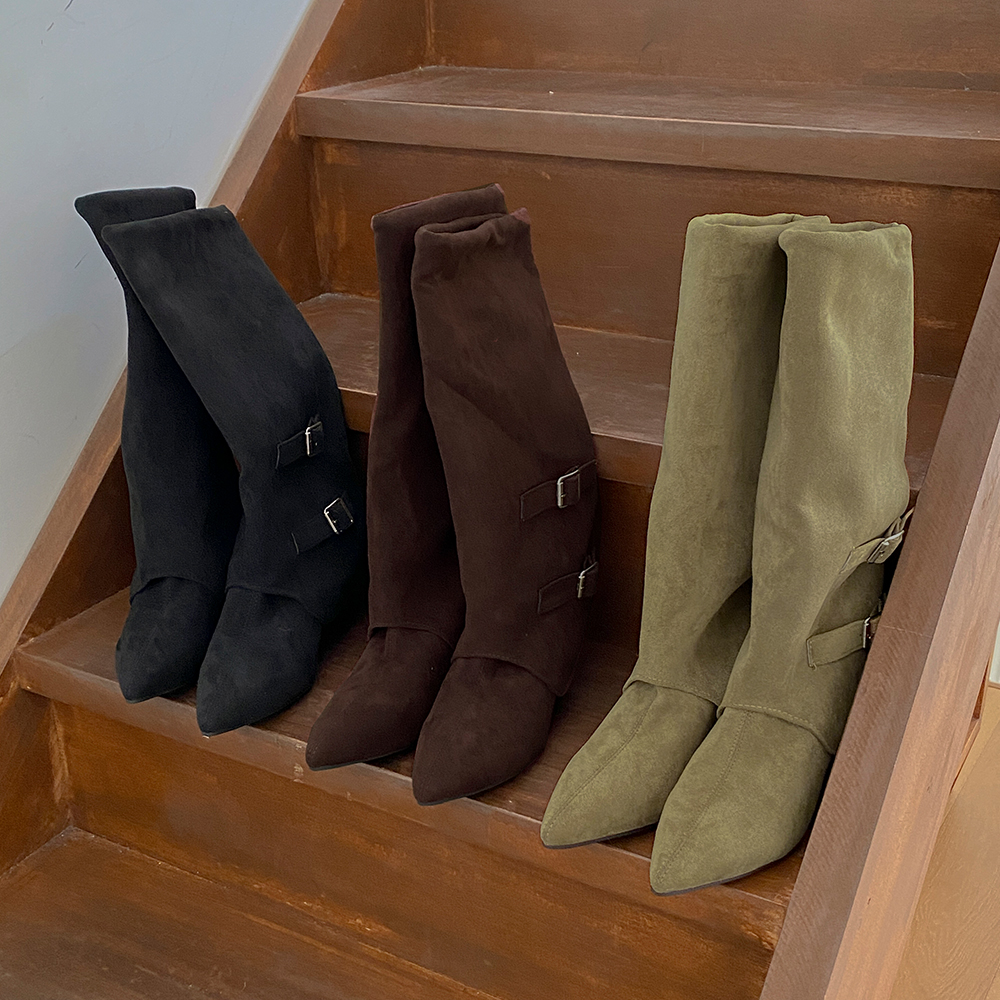 翻毛皮 带扣 点缀 中跟 靴子