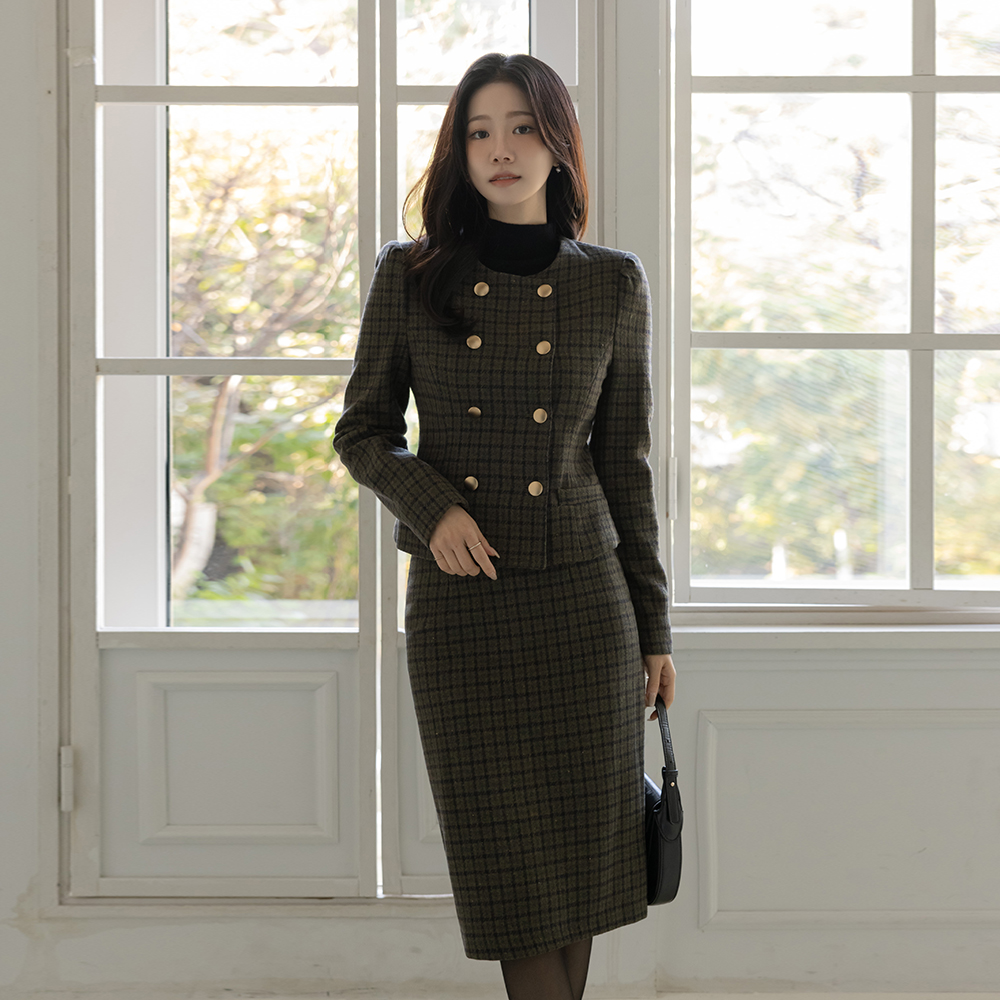 古典 格子 羊毛 双 扣子 Set-up 夹克