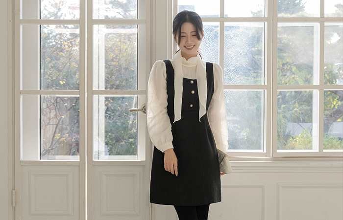 围巾领 分层 配色 粗呢 连衣裙