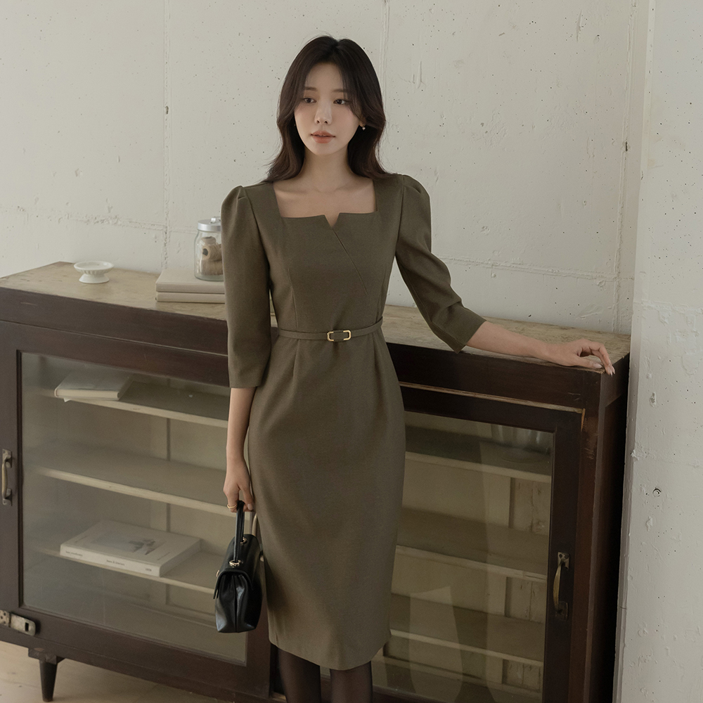 方形 开口领子 7分 H字型 连衣裙(+腰带)