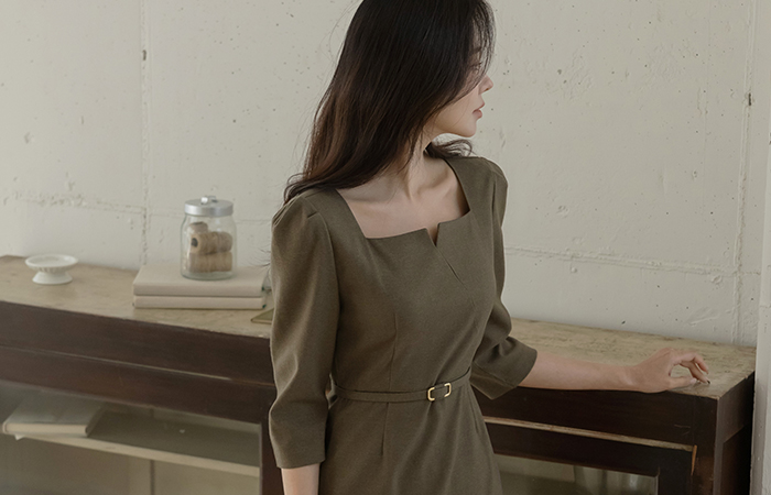 方形 开口领子 7分 H字型 连衣裙(+腰带)