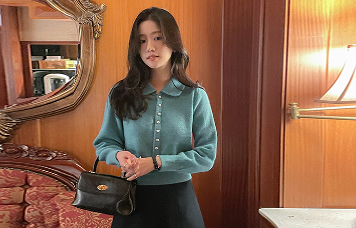 颜色 点缀 翻领 珍珠扣 针织衫