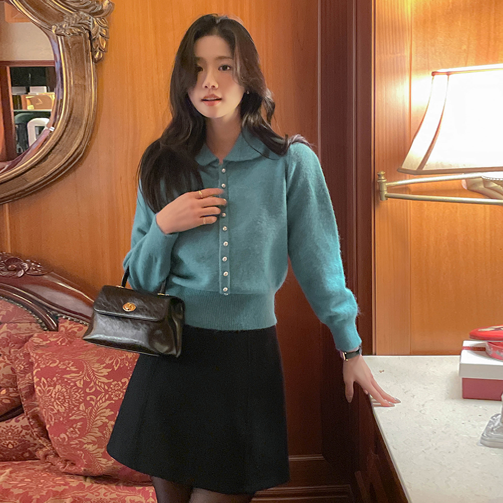 颜色 点缀 翻领 珍珠扣 针织衫