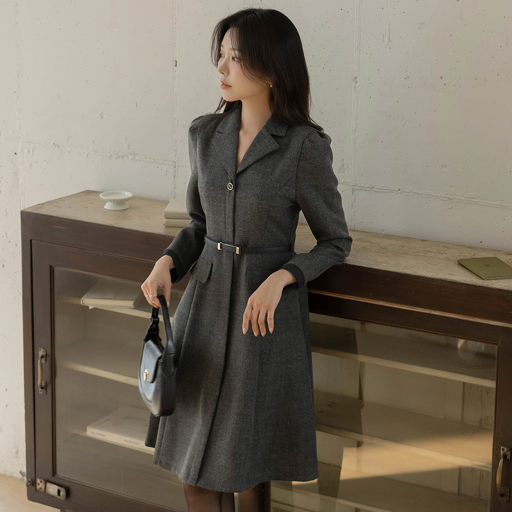 古典 袖 配色 A字型 连衣裙(+腰带)