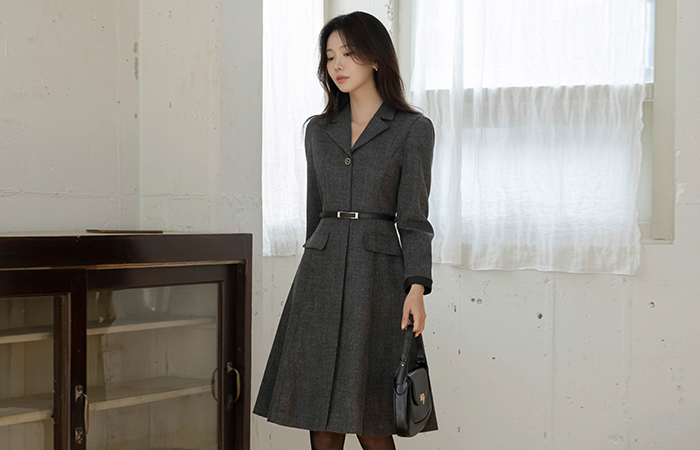 古典 袖 配色 A字型 连衣裙(+腰带)