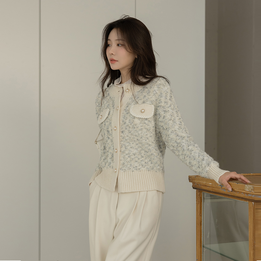 配色 圆领 混合 结子花式 开衫