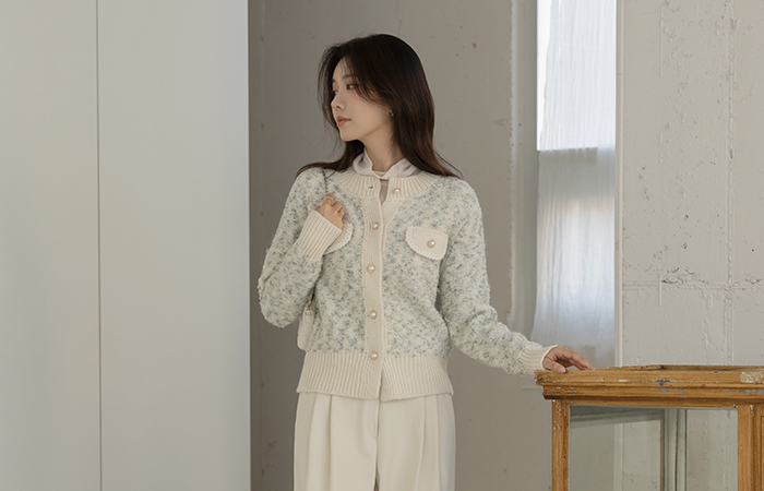 配色 圆领 混合 结子花式 开衫