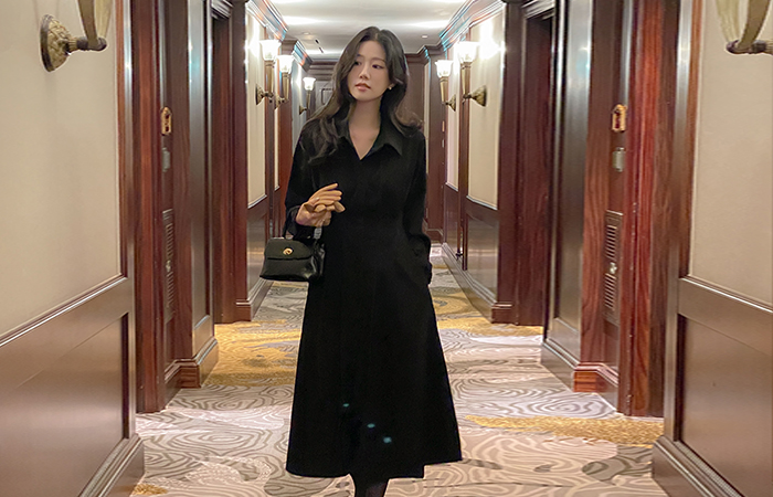 柔软的 细褶 系带绳子 A字型 衬衫 连衣裙