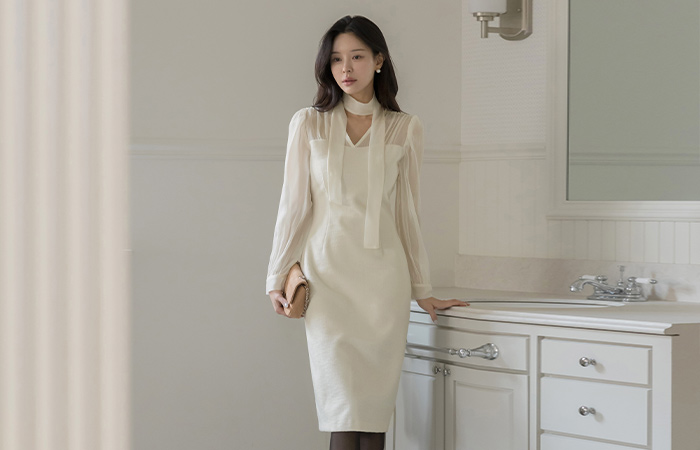 分层 配色 H字型 羊毛 粗呢 连衣裙(+领带)