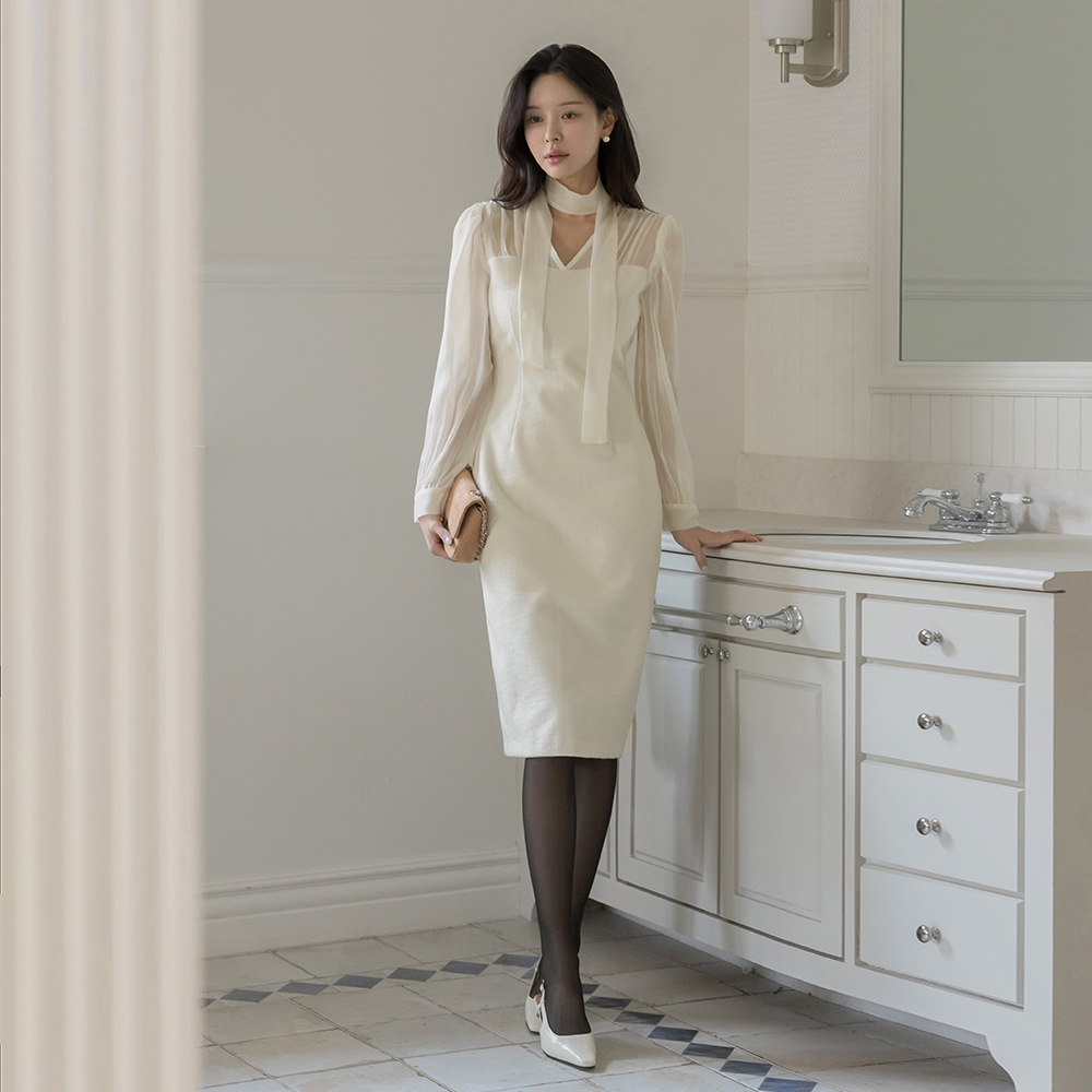 分层 配色 H字型 羊毛 粗呢 连衣裙(+领带)