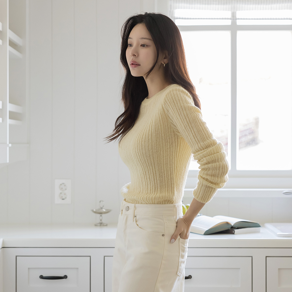 圆领 马海毛&羊毛 条绒 针织衫