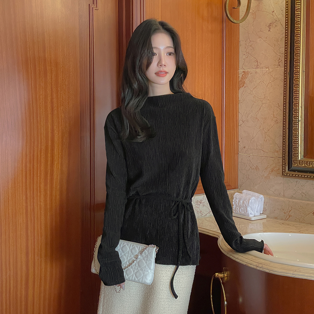 亮片 丝绒 半高领 去皱纹 弹力 T恤衫(+腰带)