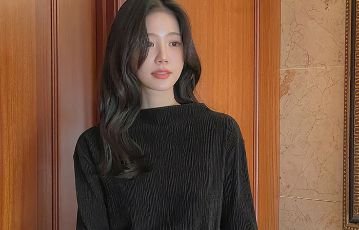 亮片 丝绒 半高领 去皱纹 弹力 T恤衫(+腰带)