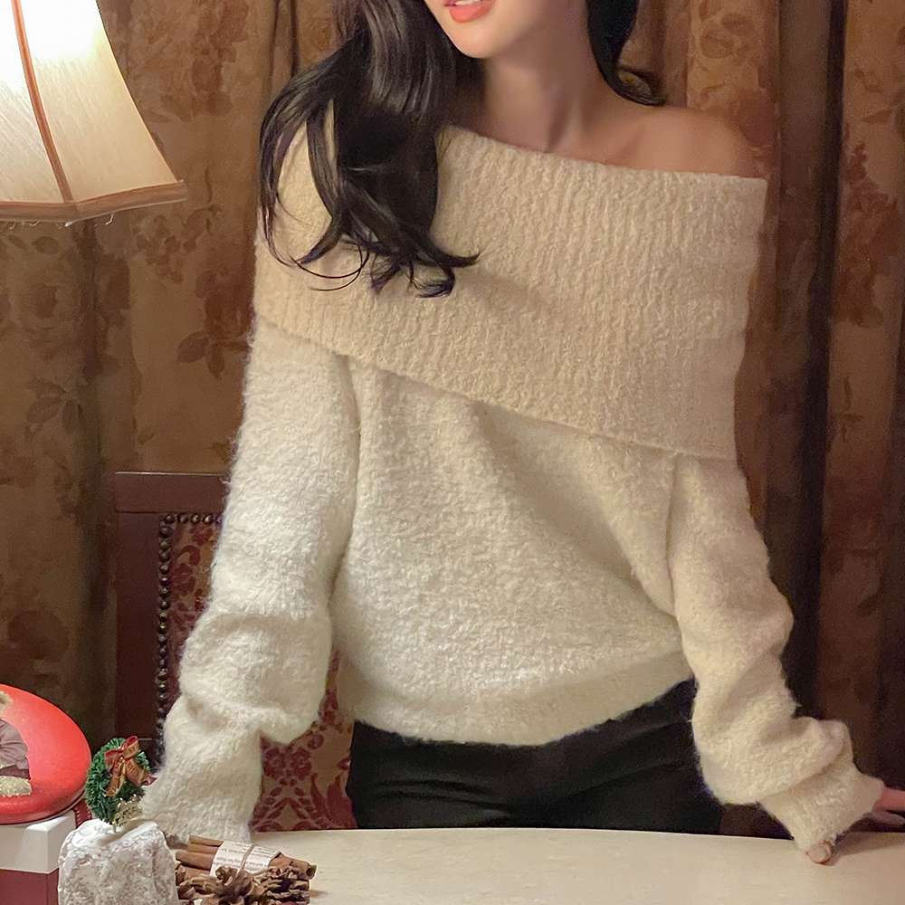 苗条 结子花式 羊毛 稍厚的 露肩 针织衫