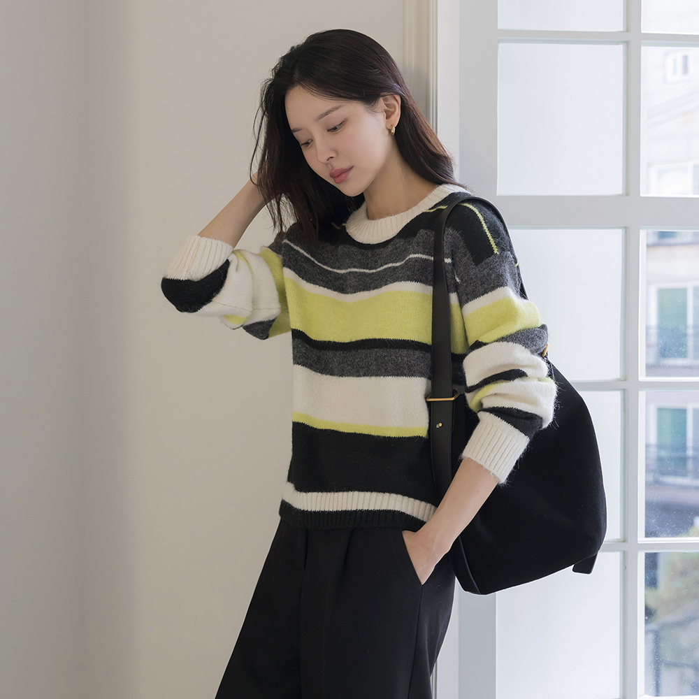 Macaron 圆领 羊毛 横条纹 针织衫