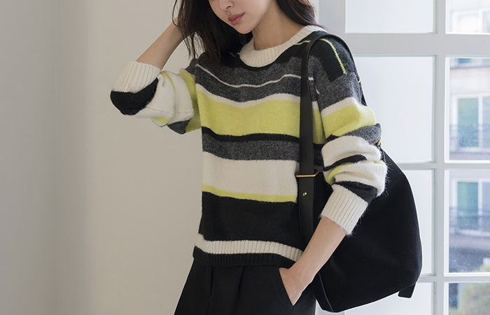 Macaron 圆领 羊毛 横条纹 针织衫