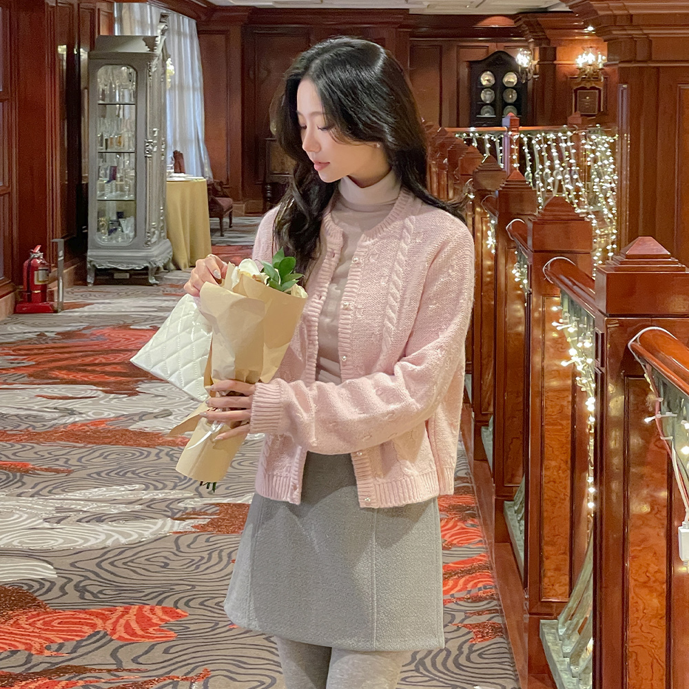 糖 羊驼毛&羊毛 珍珠扣 开衫