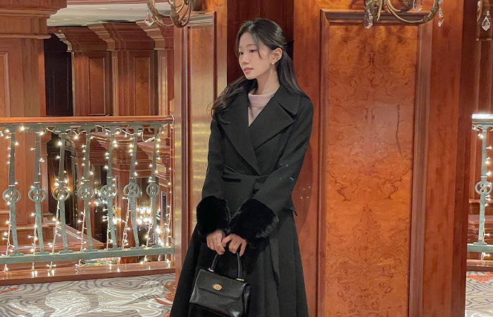 女性化的 袖 毛皮草 配色 棉衣 长款大衣(+腰带)