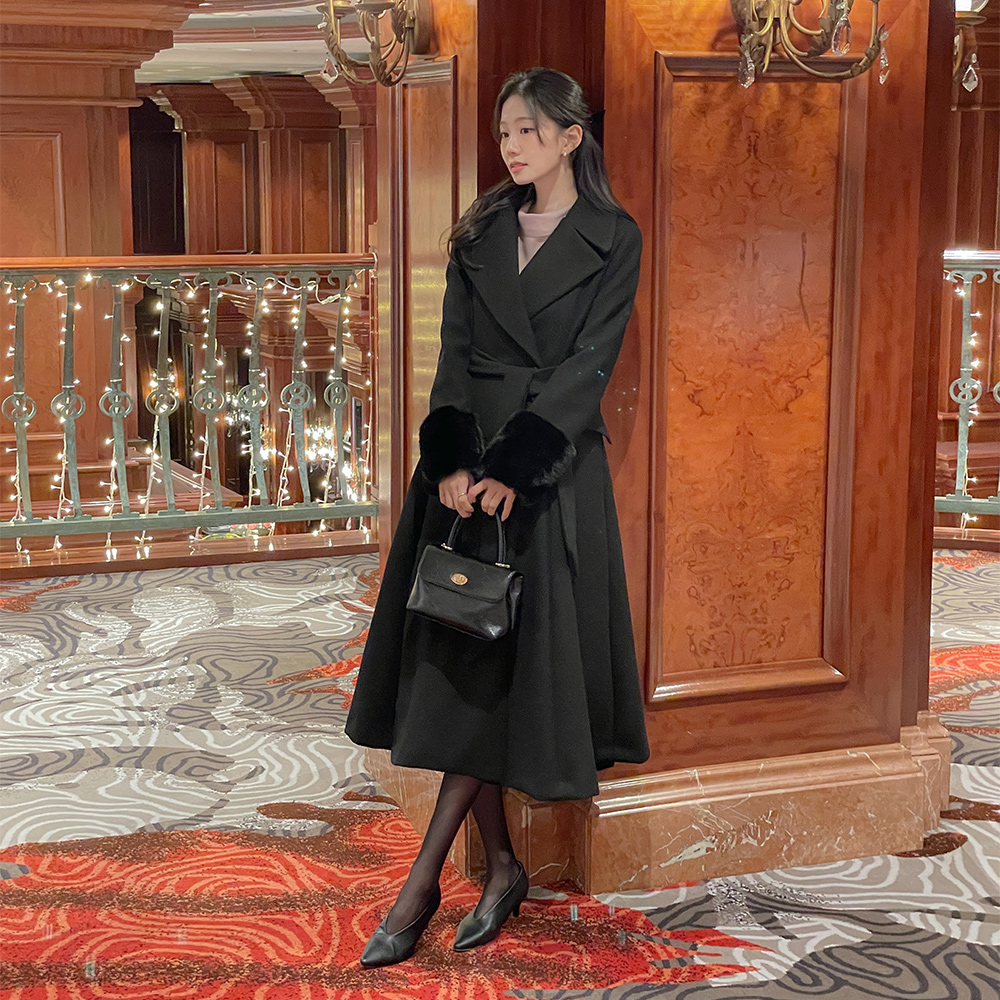 女性化的 袖 毛皮草 配色 棉衣 长款大衣(+腰带)