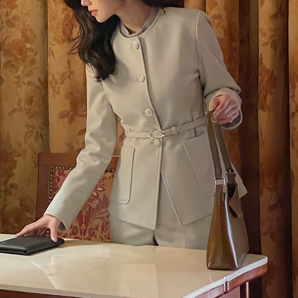 Michel 摩登 圆领 棉衣 Set-up 夹克_腰带