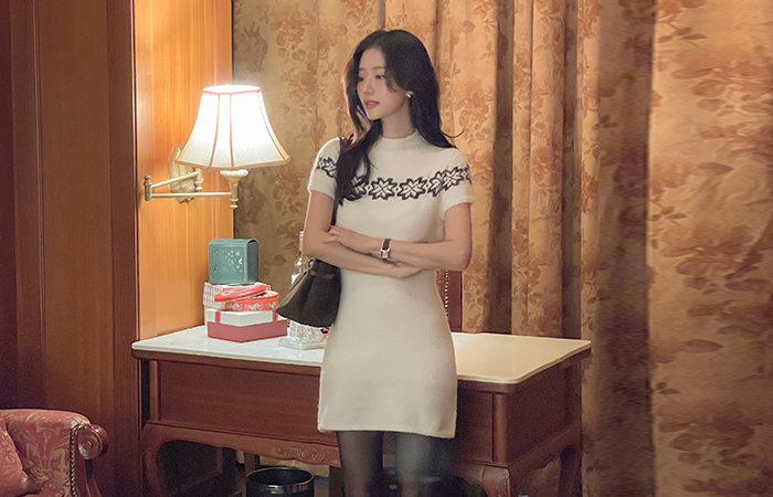 半高领 雪花 羊毛 针织衫 迷你 连衣裙