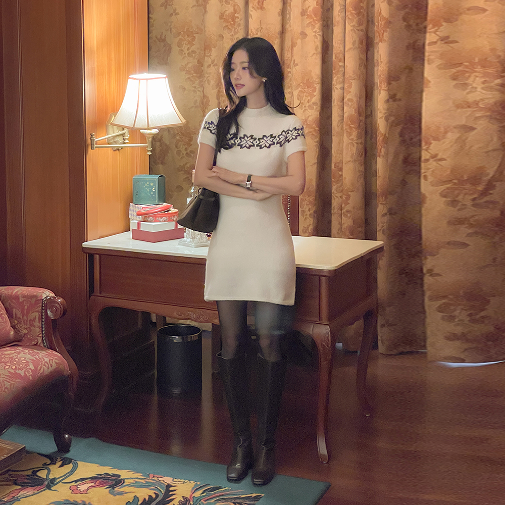 半高领 雪花 羊毛 针织衫 迷你 连衣裙