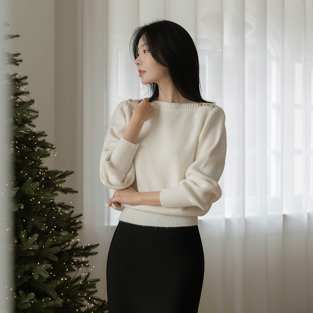 船形领 闪亮 金色纽扣 针织衫