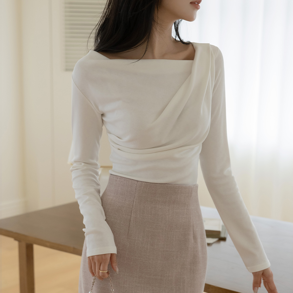 苗条 不规则 披盖 内部拉绒 弹力 T恤衫