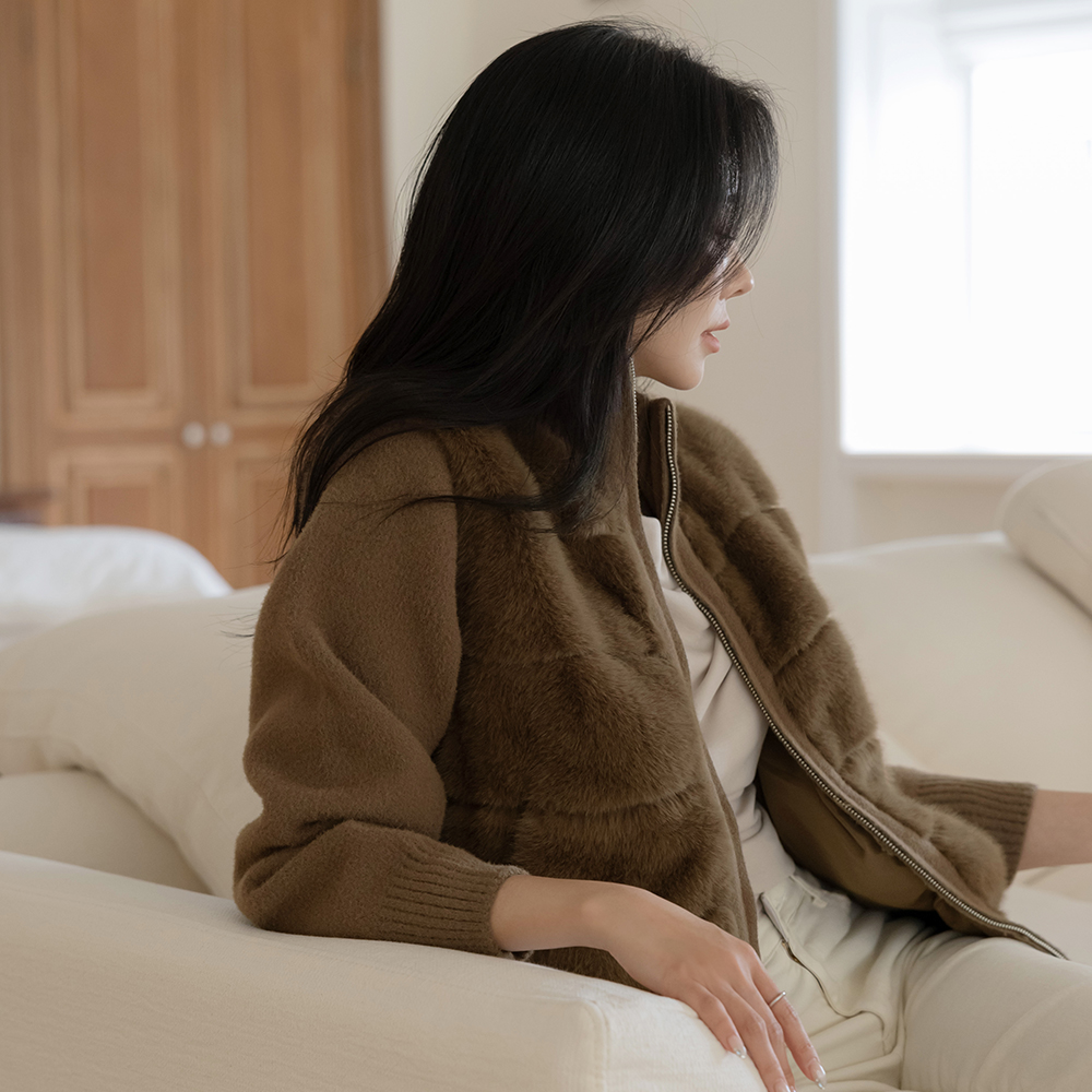 高龄 人造毛 配色 拉链卫衣 开衫