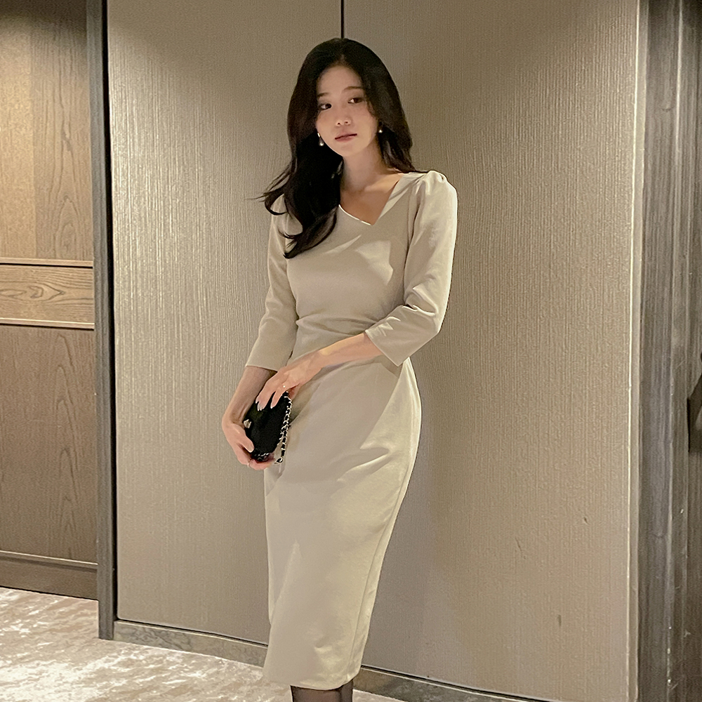 细密 斜线 领 褶皱 H字型 连衣裙