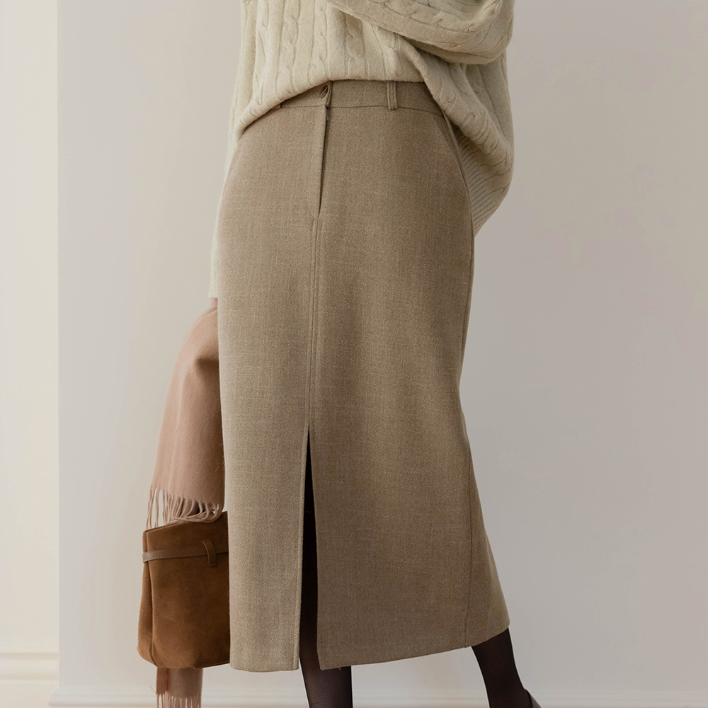 前面 开衩 H字型 拉绒 长款 裙子