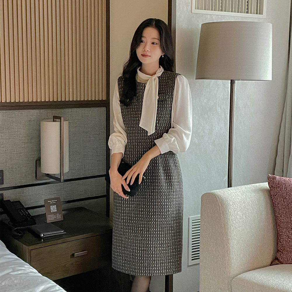 格子 羊毛 粗呢 H字型 吊带 连衣裙(+腰带)