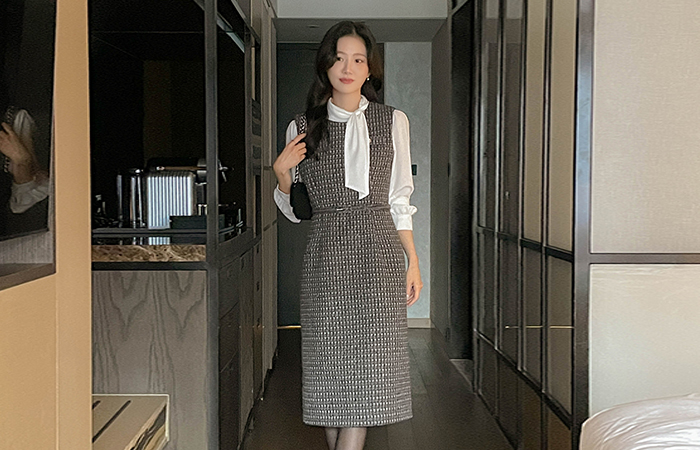 格子 羊毛 粗呢 H字型 吊带 连衣裙(+腰带)