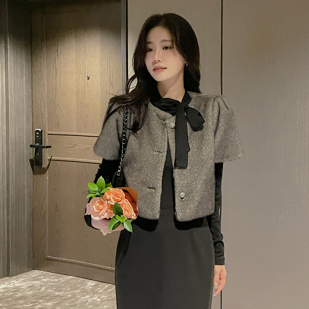 貂皮毛 泡泡袖 7分裤 短袖 夹克