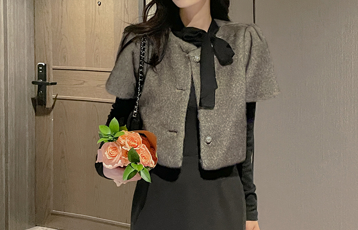 貂皮毛 泡泡袖 7分裤 短袖 夹克