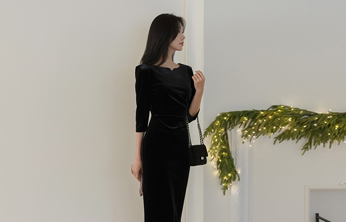 丝绒 7分 H字型 褶皱 弹力 连衣裙