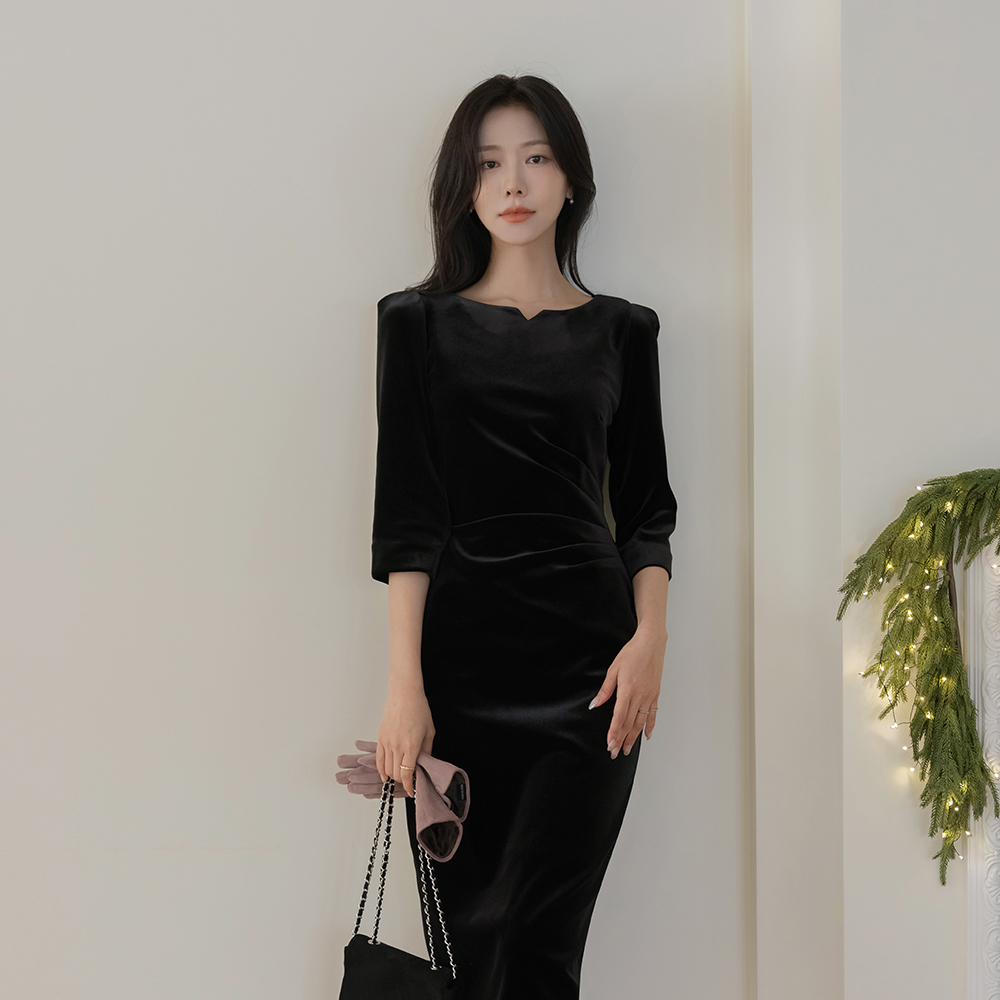 丝绒 7分 H字型 褶皱 弹力 连衣裙