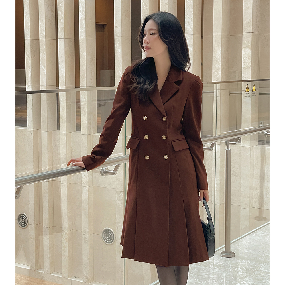 双排扣 褶边 连衣裙