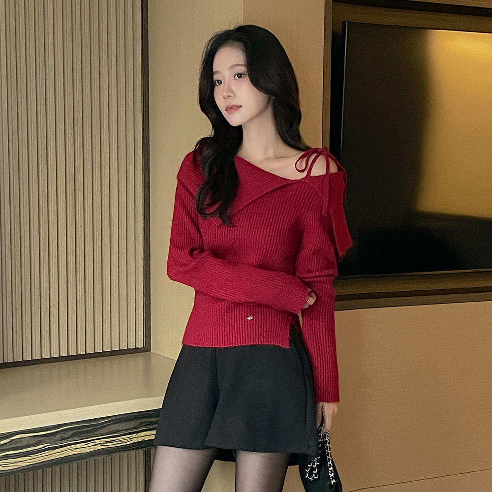 Merry 羊毛 打结 언발숄더 条绒 针织衫