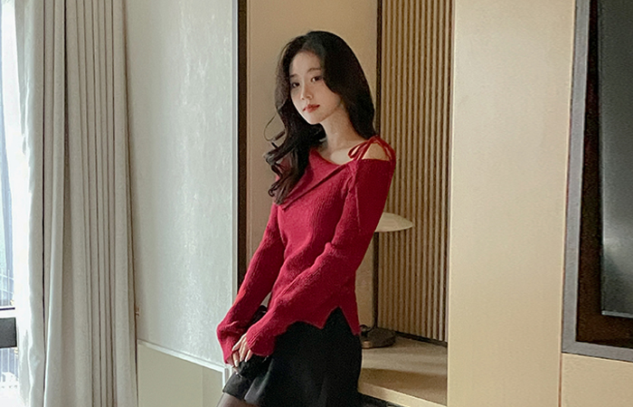 Merry 羊毛 打结 언발숄더 条绒 针织衫