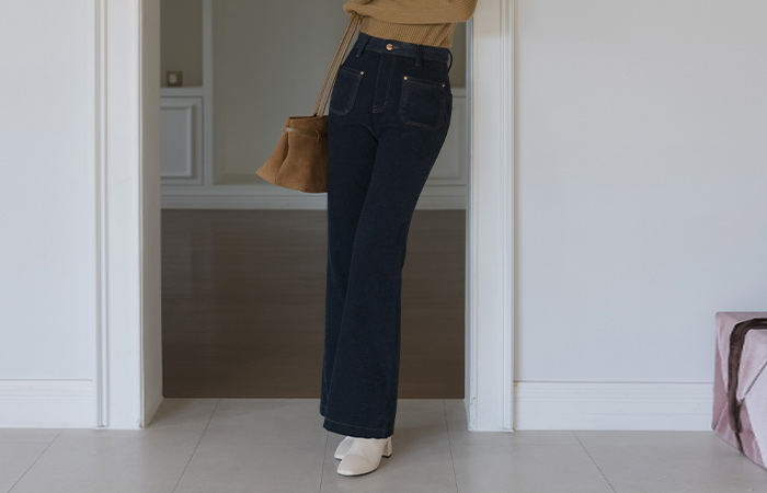 丝绒 口袋 点缀 喇叭 拉绒 裤子