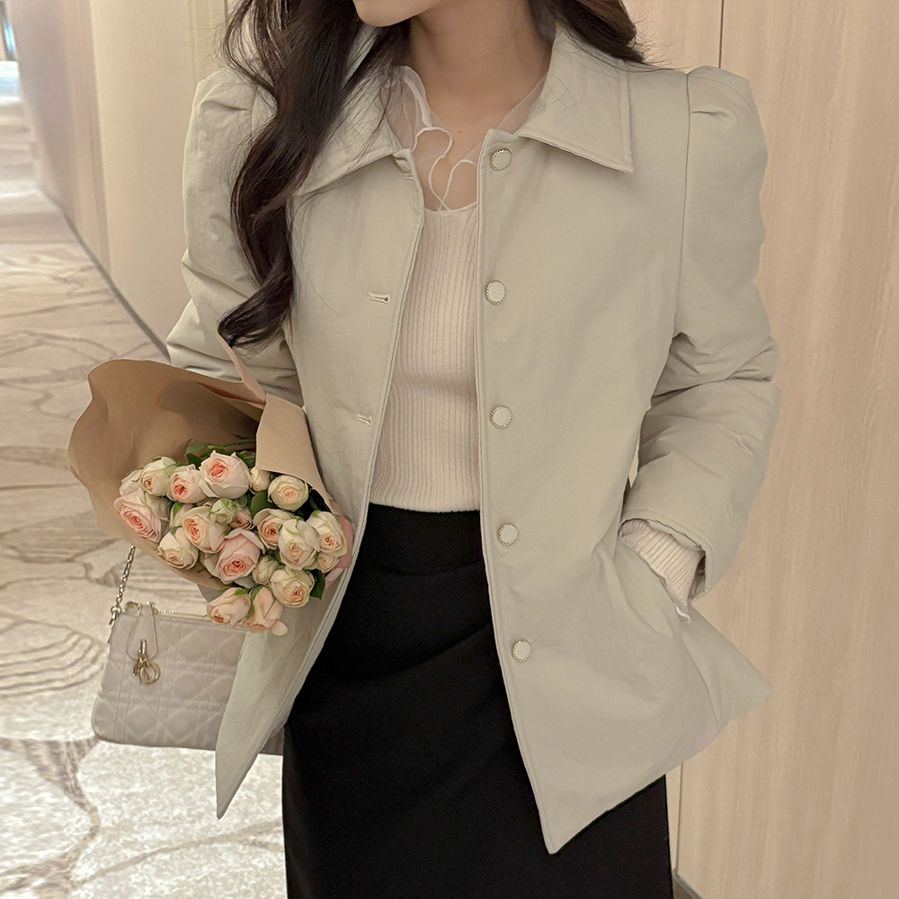 翻领 4唡 羽绒棉 修身 泡泡袖 羽绒服