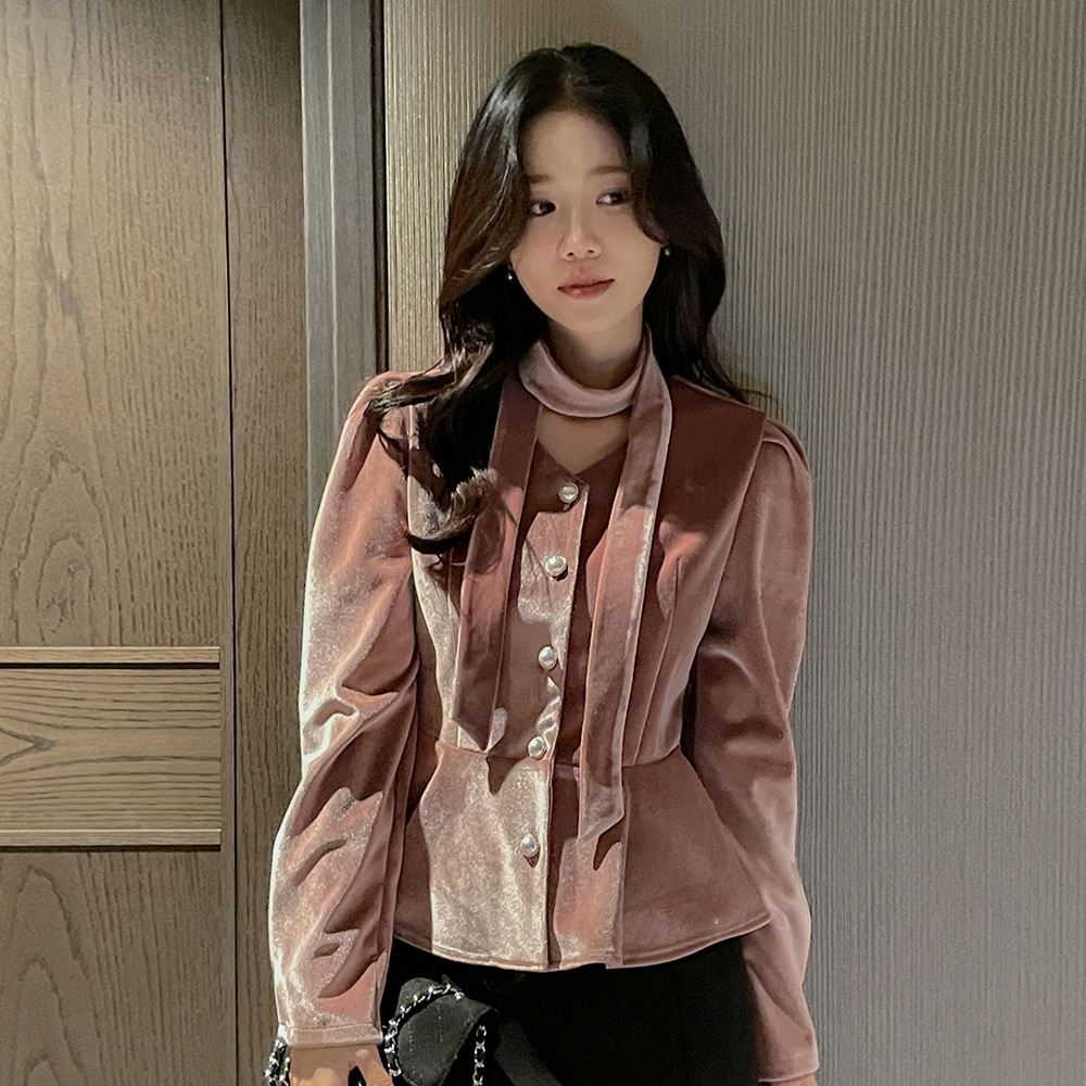 丝绒 珍珠 荷叶边 罩衫(+围巾)