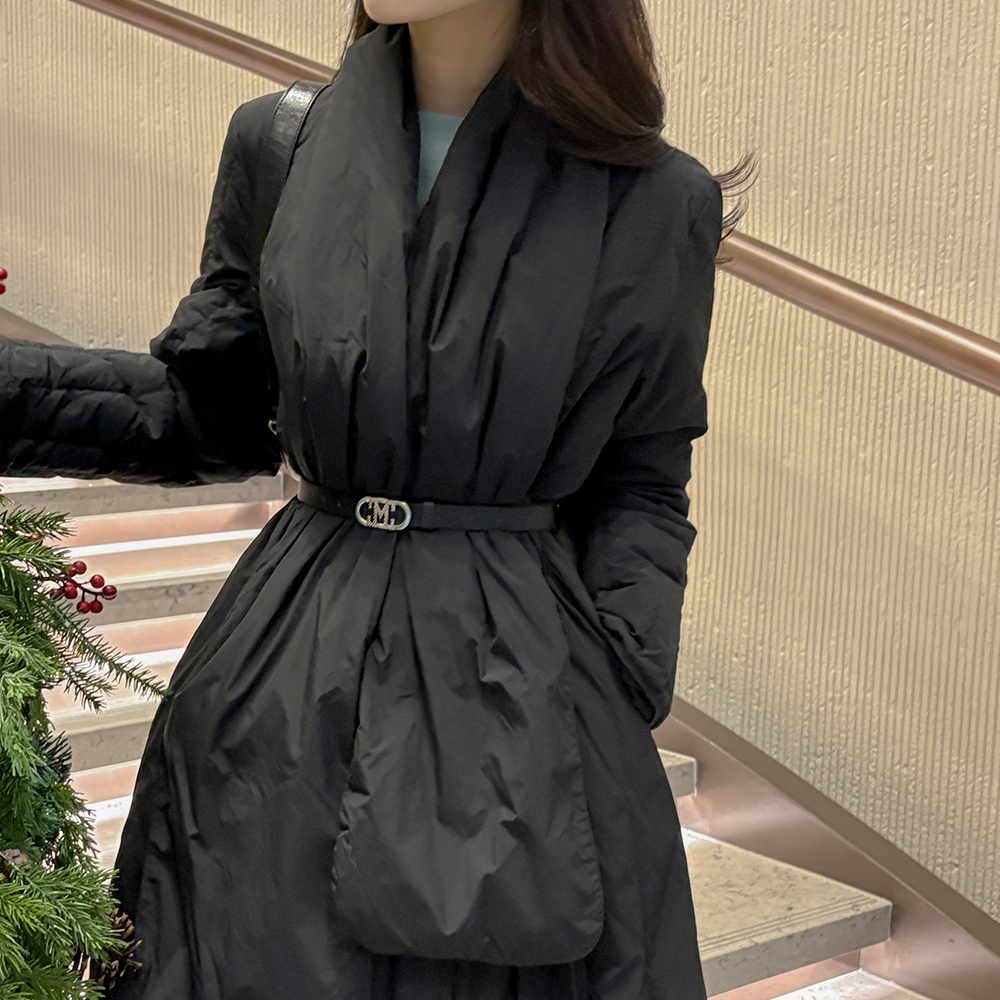 鸭绒100% 裹身 抽绳 长款羽绒服(+围巾)